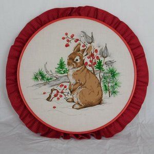 Embroidery Hoop Art Wall Hanging Rabbit Winter Berries Snow Red Circle Flowers